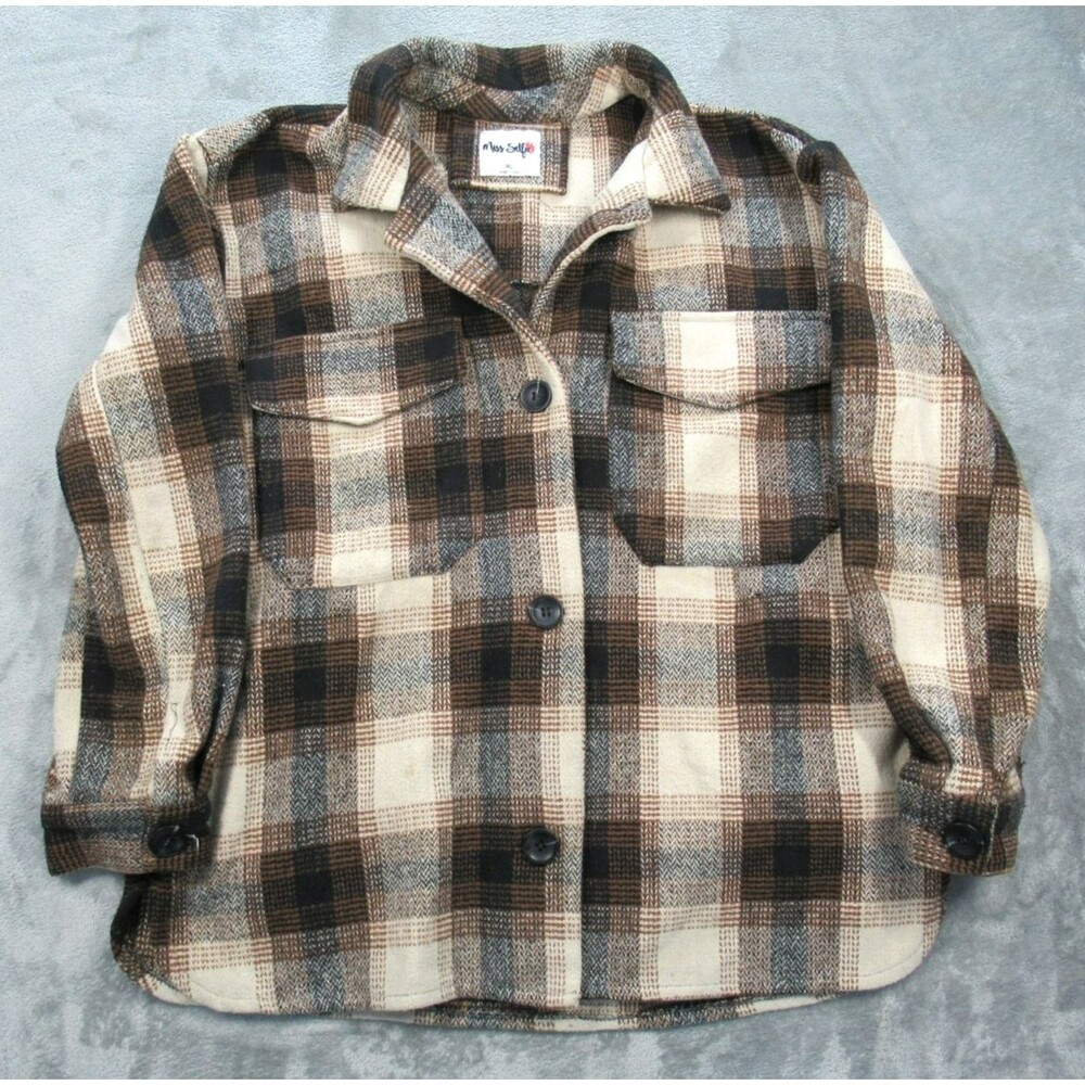 Miss Selfie Women's XL Heavy Flannel Plaid Brown Shacket Button Up Long Sleeve